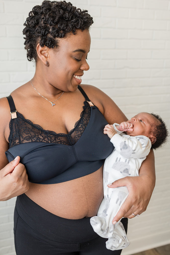 Ella Bralette in Black with Rose Gold Magnetic clips, lace nursing and pumping bra